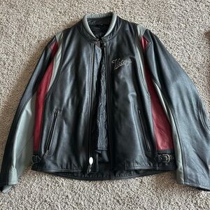 Victory Men's Black and Red Leather Bomber Jacket